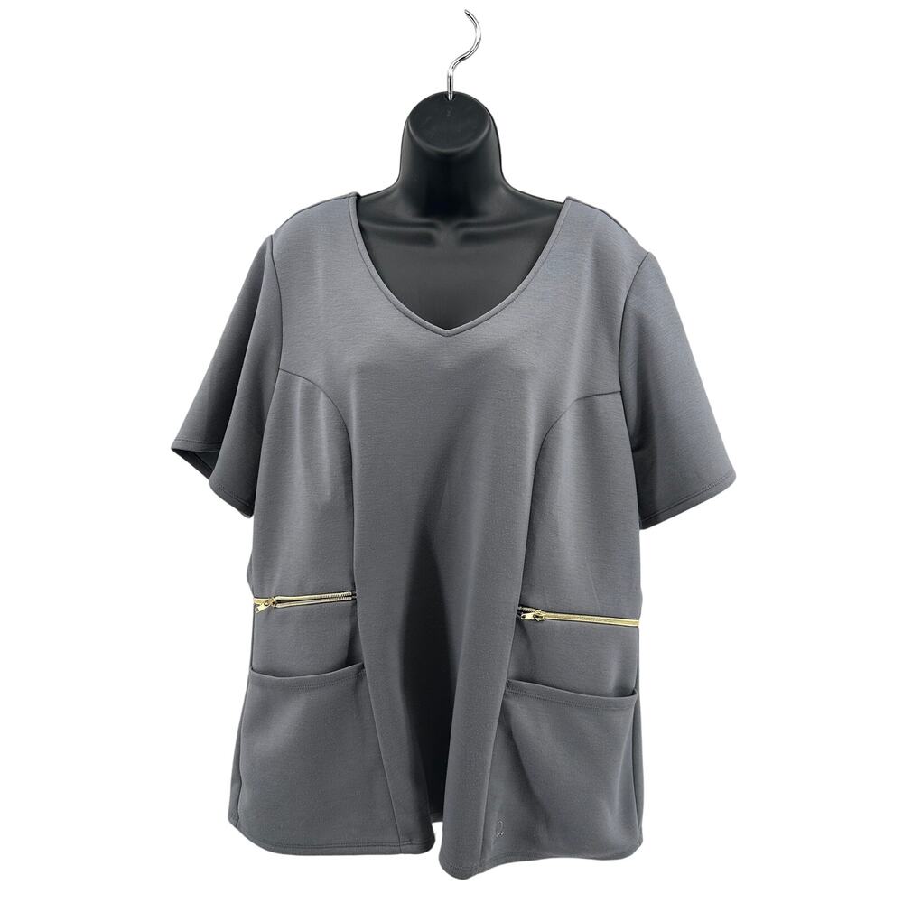 Jaanuu Medical Scrub Top Womens 3X Grey Zip Pockets Short Sleeve V-Neck Slim Fit